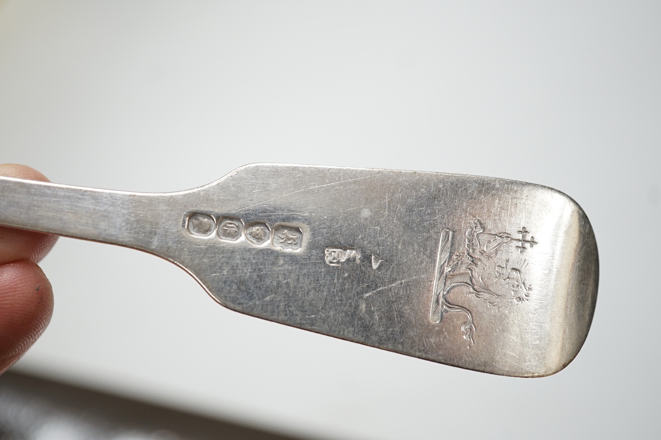 A set of six Victorian silver fiddle pattern tablespoons, William Eaton, London, 1841, a set of six similar table forks, London, 1838 and a quantity of assorted 19th century and later silver cutlery, various dates and ma
